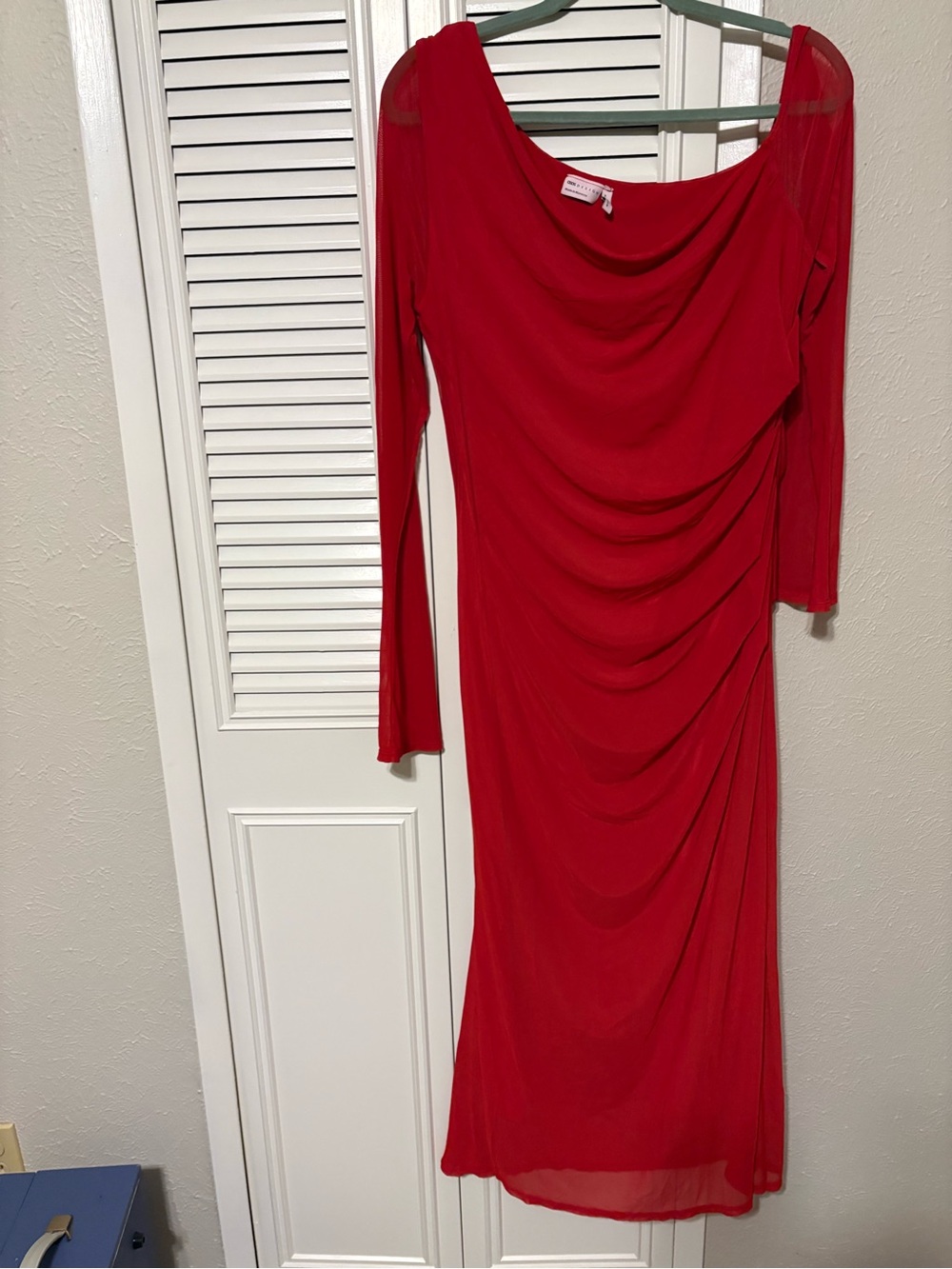 ASOS Red Long-Sleeve Draped Midi Dress with Sheer Shoulder Panels